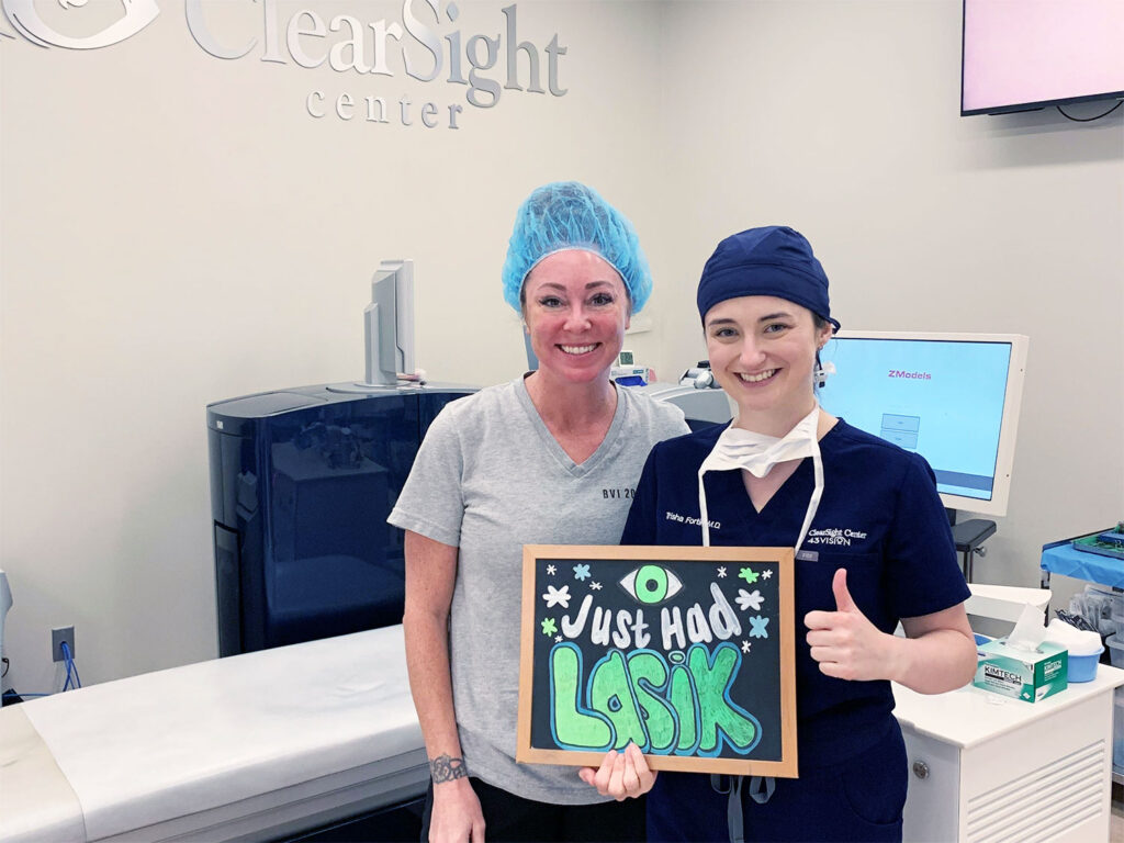 Dr. Trisha Fortin MD and her patient celebrating after a successful LASIK surgery at Clearsight LASIK and Lens in Plano, TX.