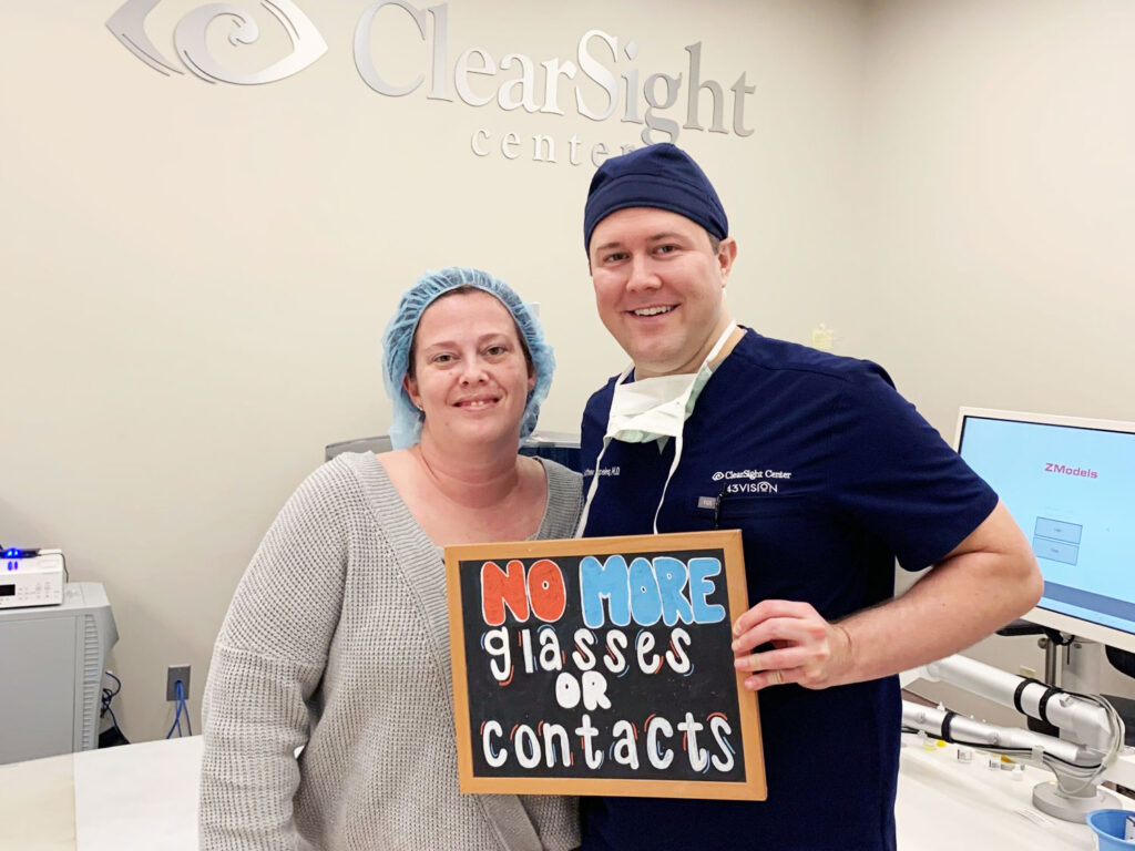 Dr. Matthew Kapeles MD - Clearsight LASIK and Lens - celebrating with his patient after a successful Advanced surface Ablation refractive laser surgery which is an alternative LASIK eye surgery. She doesn't have to wear glasses or contacts anymore.