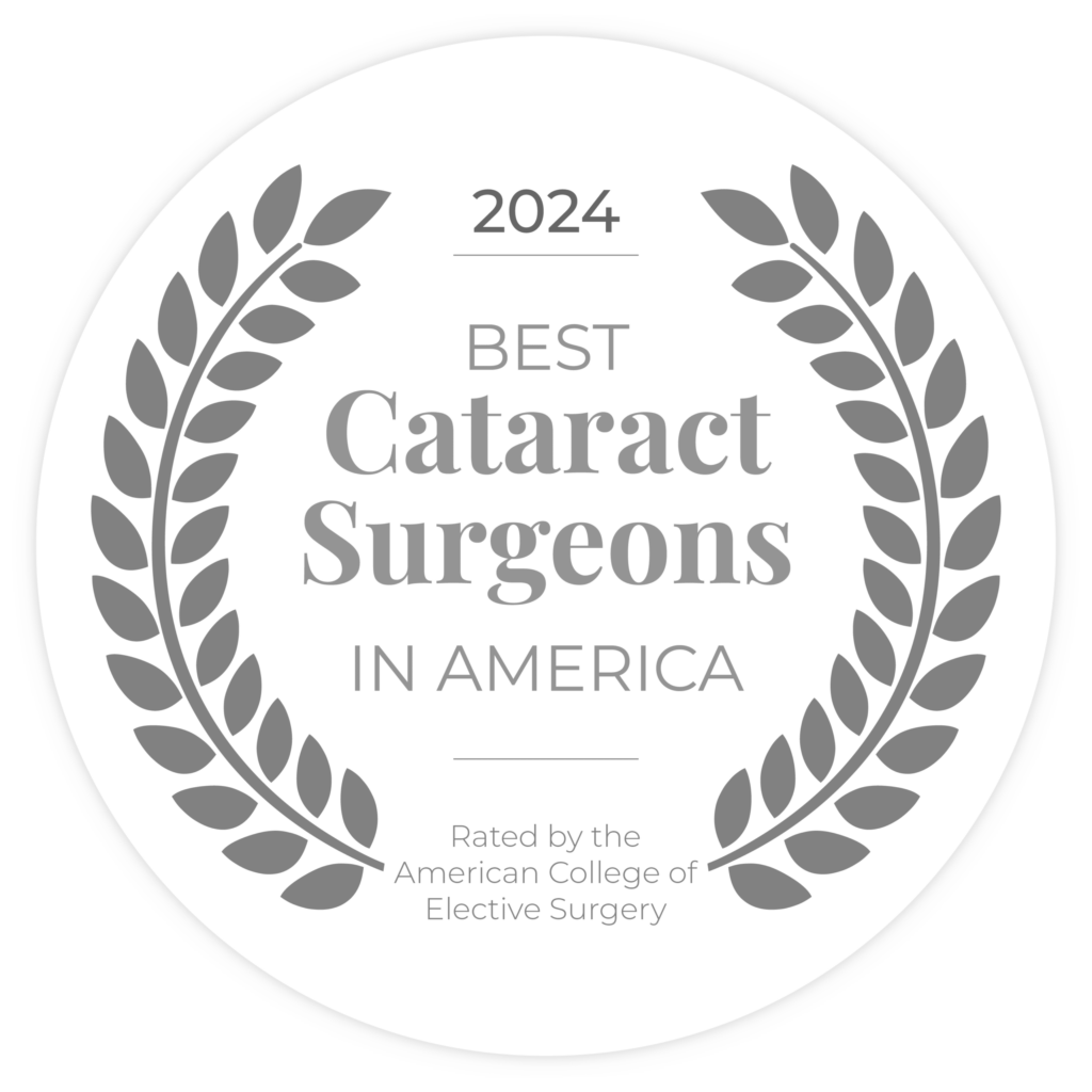 A circular badge, labeled "2024 Best Cataract Surgeons in America" and rated by the American College of Elective Surgery, features leaf motifs on both sides. These surgeons also specialize in LASIK eye surgery for comprehensive vision care.