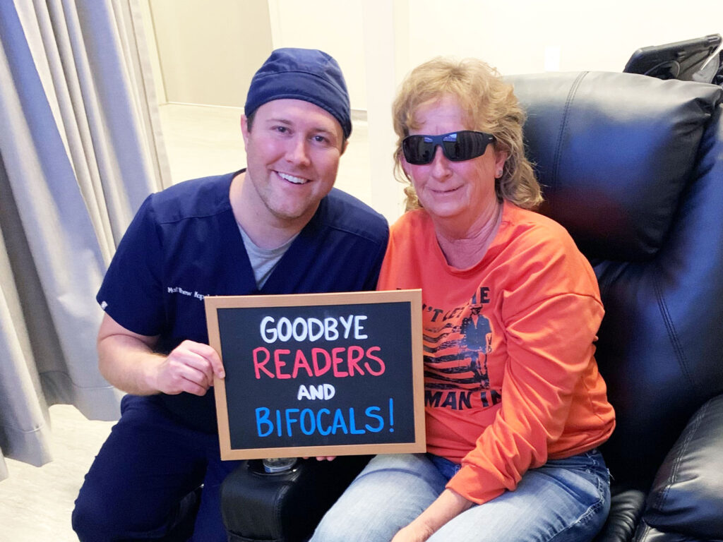 Dr. Matthew Kapeles MD - Clearsight LASIK and Lens - celebrates with a patient after her successful premium cataract surgery. Clearsight LASIK and Lens offers patients all types of vision correction options.