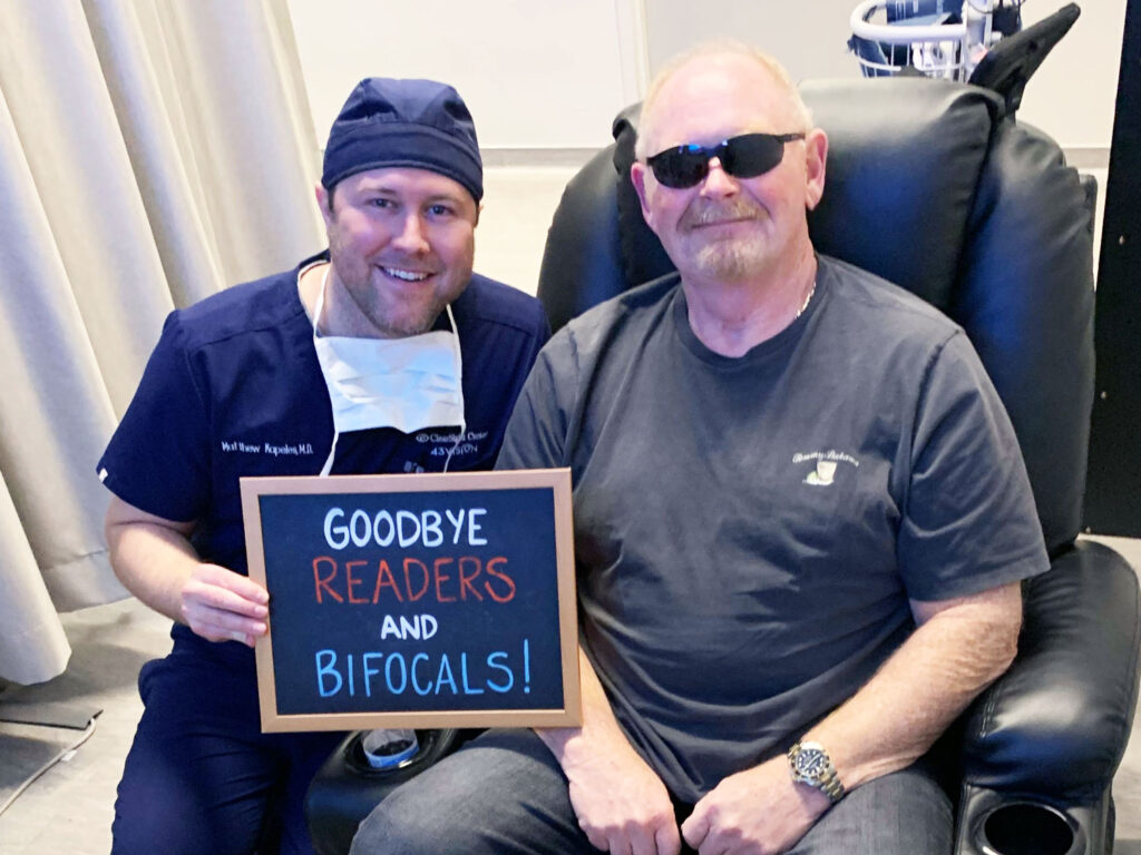Dr. Matthew Kapeles MD - Clearsight LASIK and Lens - celebrating with a patient after a successful premium cataract surgery. Clearsight LASIK and Lens offers Premium Cataract Surgery and their patients will be eligible for free laser vision correction enhancements for 5 years following their initial treatment.