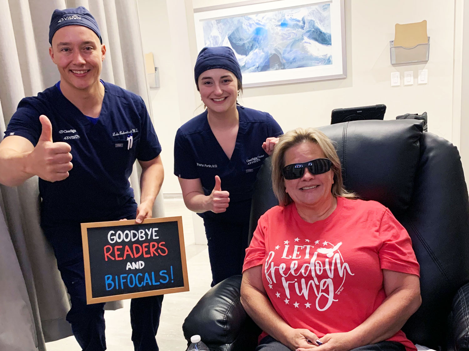 Dr. Luke Rebenitsch MD and Dr. Trisha Fortin MD - Clearsight LASIK and Lens - celebrating with a patient after completing a successful cataract surgery and custom lens replacement. Ask about the Premium Plus Custom Lens Replacement.