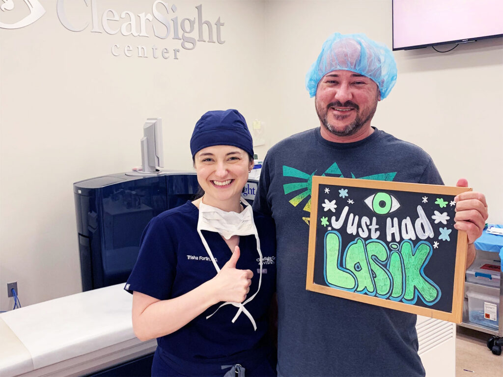Dr. Trisha Fortin MD and a patient excited about the outcome of the successful LASIK eye surgery and Clearsight LASIK and Lens.