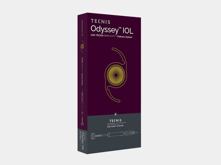 The Tecnis Odyssey IOL with Tecnis Simplicity Delivery System features a stylized eye diagram on the front and is ideal for complementing laser eye surgery procedures like LASIK, supported by ClearSight LASIK and Lens technology.