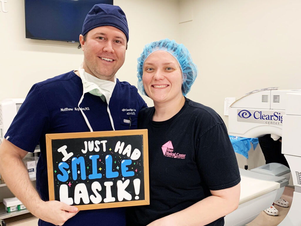 Dr. Matthew Kapeles MD - Clearsight LASIK and Lens - in Oklahoma City celebrating with one of his patients celebrating after successfully performing SMILE LASIK eye surgery.