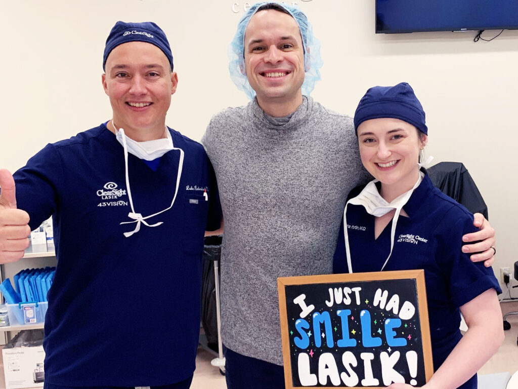 Dr. Luke Rebenitsch MD and Dr. Trisha Fortin - Clearsight LASIK and Lens - with a patient celebrating after a successful SMILE LASIK eye surgery. SMILE LASIK is for patients with nearsightedness and astigmatism and it is very safe.