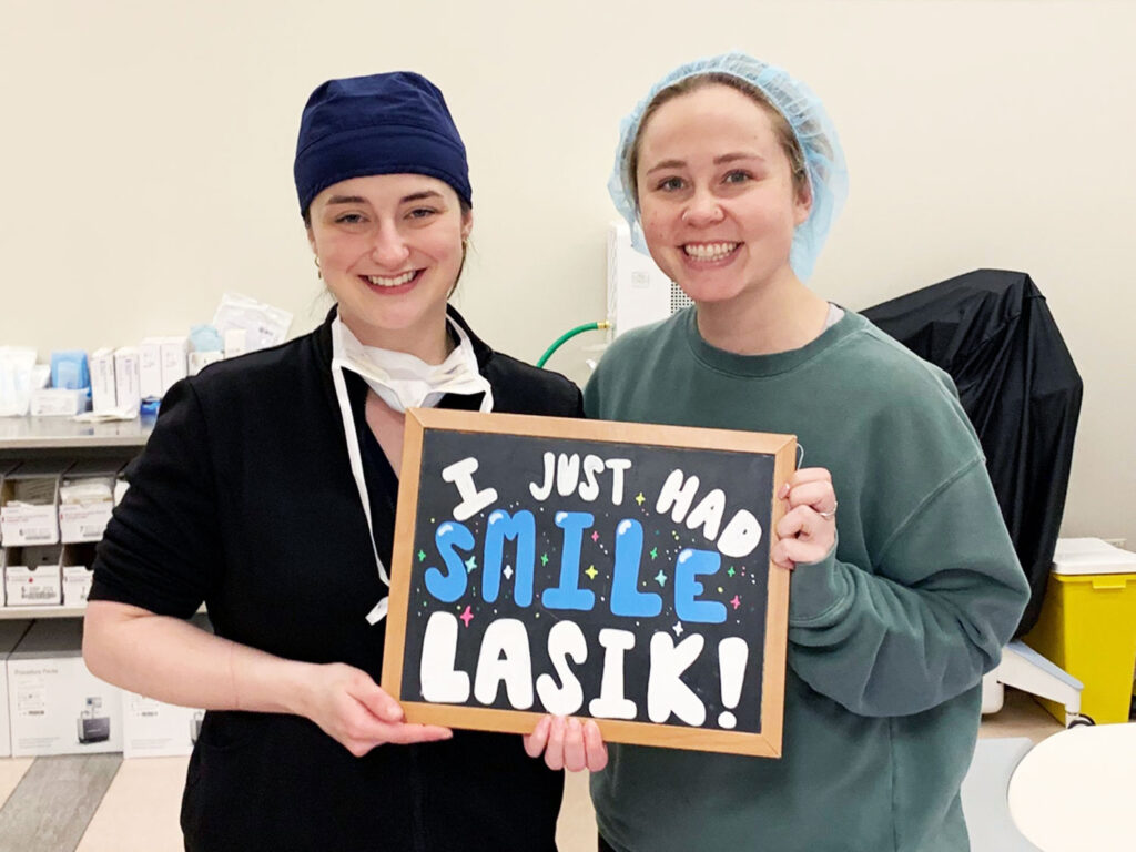 Dr. Trisha Fortin MD - Clearsight LASIK and Lens - with a patient after completing her successful LASIK eye surgery. Both the doctor and patient are happy about the patient no longer having to wear contacts or glasses. She is a Smile LASIK patient.