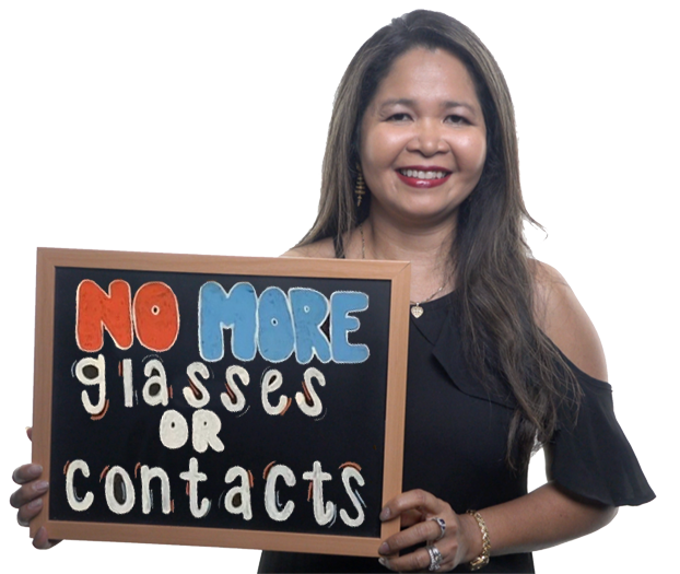 A Clearsight LASIK and Lens patient celebrating that she doesn't need glasses or contacts after her Advanced Surface Ablation refractive laser surgery that is a LASIK alternative.