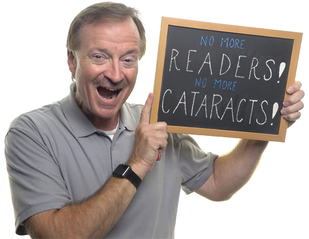 A Clearsight LASIK and Lens patient excited after his premium cataract surgery. He is happy about no longer having to wear reading glasses and not having cataracts anymore.