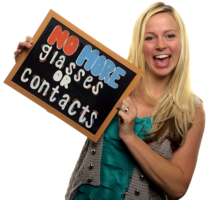 A Clearsight LASIK patient shows excitement about celebrating not having to wear glasses after Clearsight LASIK surgery.