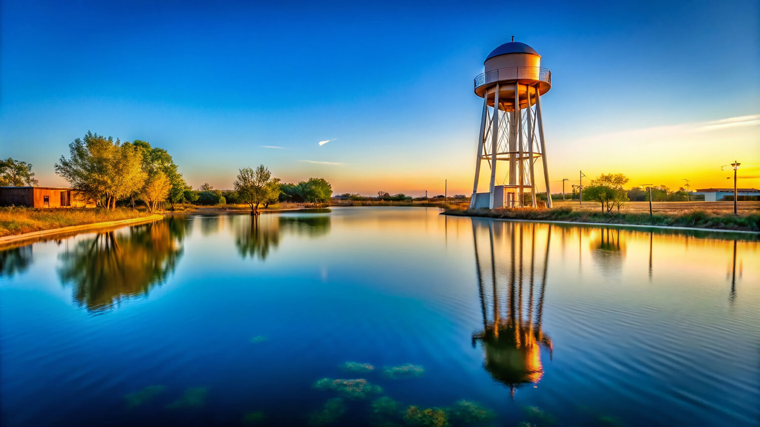 A tall water tower stands beside a calm lake, reflecting both the tower and surrounding nature with ClearSight precision. The setting sun casts a warm glow across the clear sky.