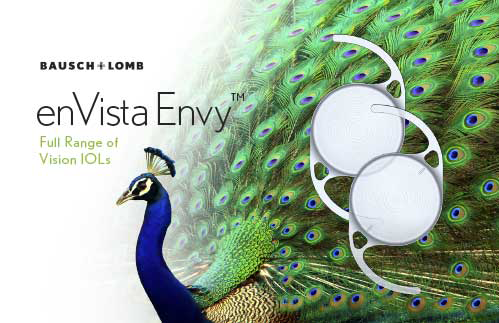 A peacock with its feathers fanned out stands beside two intraocular lenses and the text "Bausch + Lomb enVista Envy, Full Range of Vision IOLs." This image showcases the enVista Envy lens for cataract surgery.