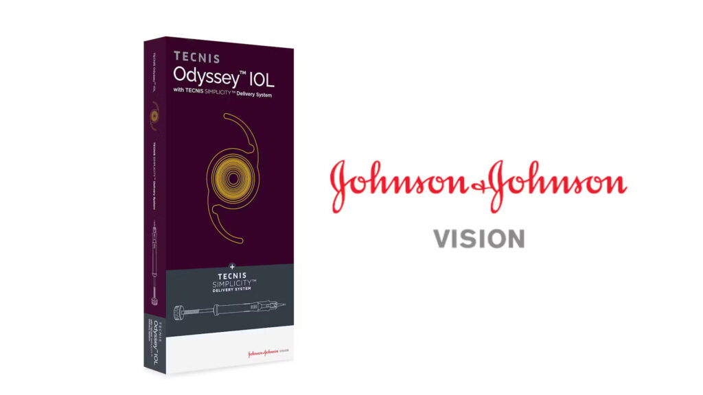 A box of TECNIS Odyssey Lens from Johnson & Johnson Vision appears against a white background, featuring the product illustration and company logo. This lens is ideal for Custom Lens Replacement or Cataract Surgery.